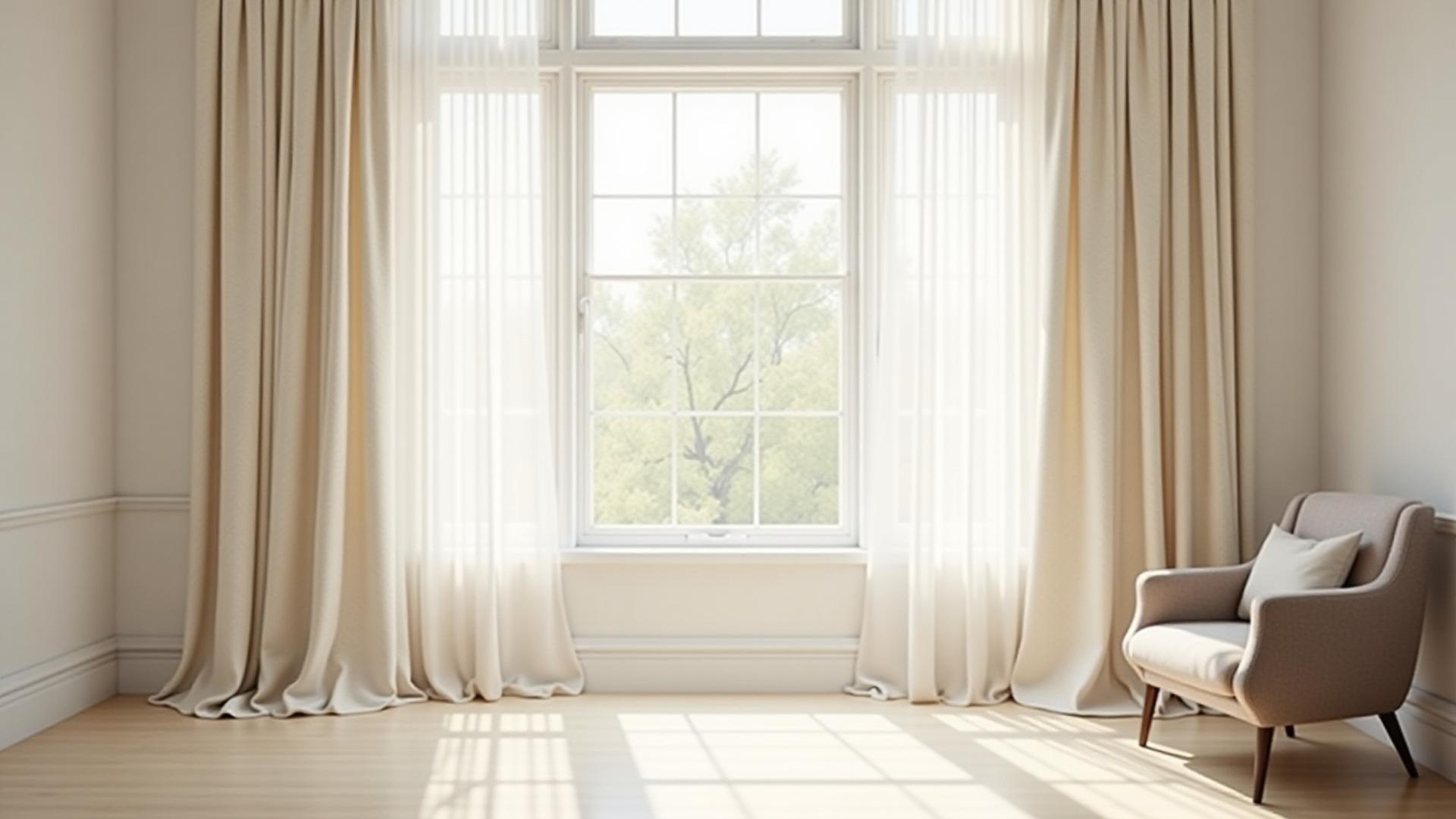 Elegant floor-to-ceiling linen curtains in a sun-drenched London townhouse