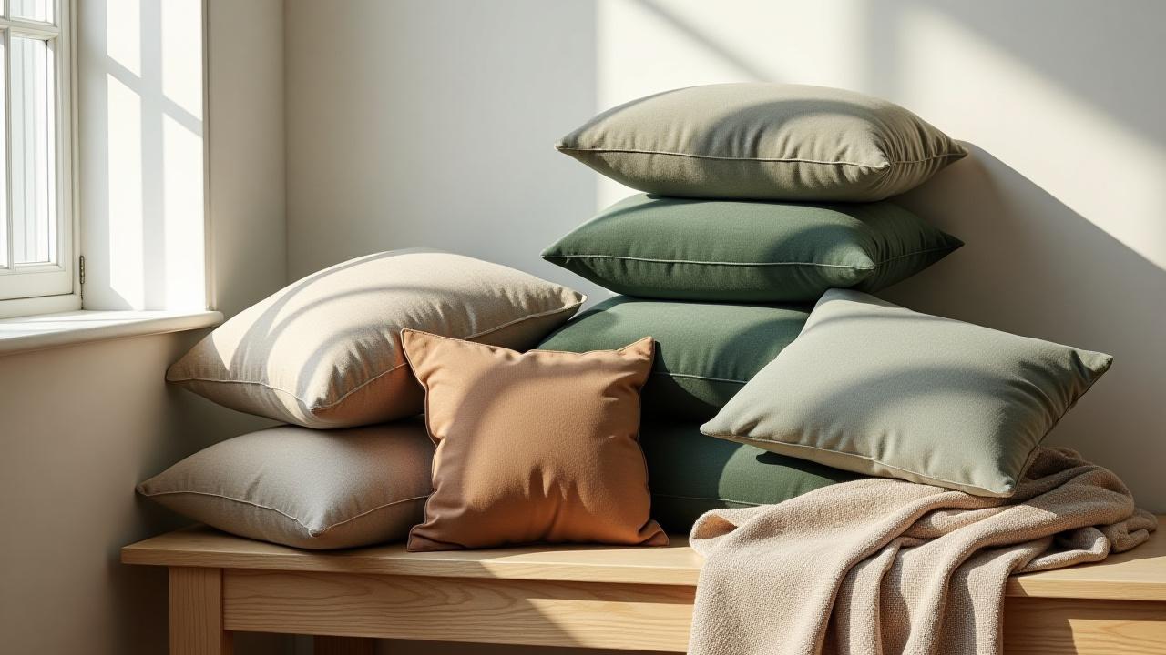 A luxurious pile of linen and velvet cushions with a wool throw on a neutral sofa